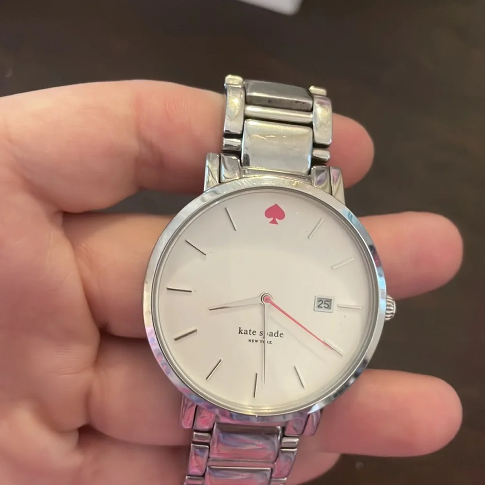 kate spade Silver Tone Stainless Steel Bracelet Watch with Pink Accent